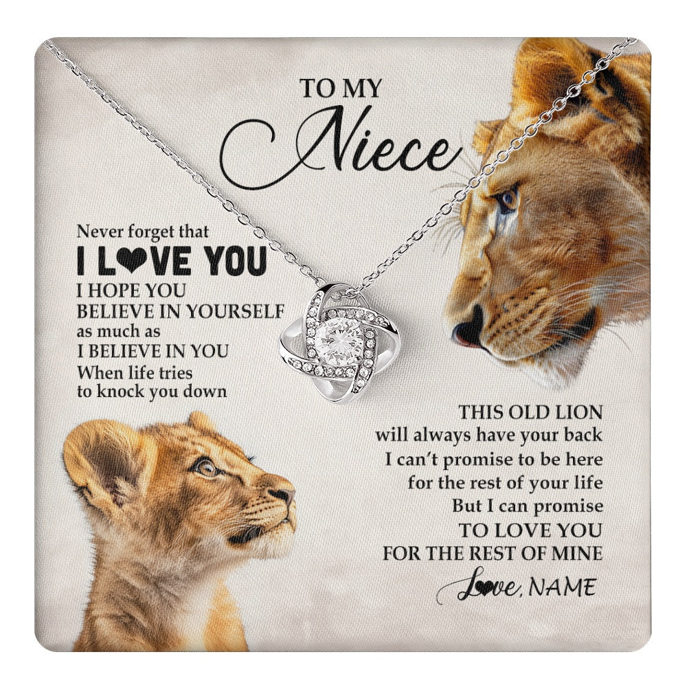 Love Knot Necklace 14K White Gold Finish | 1 | Personalized To My Niece Necklace From Aunt Auntie Never Forget I Love You Lion Niece Birthday Graduation Christmas Customized Message Card | https://teecentury.