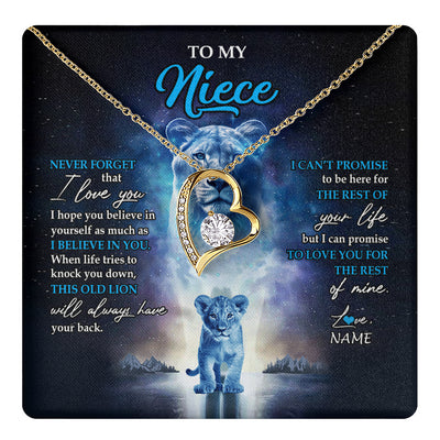 Forever Love Necklace 18K Yellow Gold Finish | 1 | Personalized To My Niece Necklace From Aunt Auntie Never Forget I Love You Lion Niece Jewelry Birthday Graduation Christmas Customized Message Card | teecentury