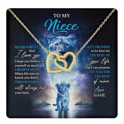 Interlocking Hearts Necklace 18K Yellow Gold Finish | 1 | Personalized To My Niece Necklace From Aunt Auntie Never Forget I Love You Lion Niece Jewelry Birthday Graduation Christmas Customized Message Card | teecentury
