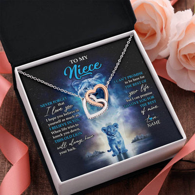 Interlocking Hearts Necklace Stainless Steel & Rose Gold Finish | 2 | Personalized To My Niece Necklace From Aunt Auntie Never Forget I Love You Lion Niece Jewelry Birthday Graduation Christmas Customized Message Card | teecentury