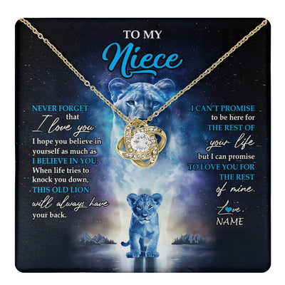 Love Knot Necklace 18K Yellow Gold Finish | 1 | Personalized To My Niece Necklace From Aunt Auntie Never Forget I Love You Lion Niece Jewelry Birthday Graduation Christmas Customized Message Card | teecentury