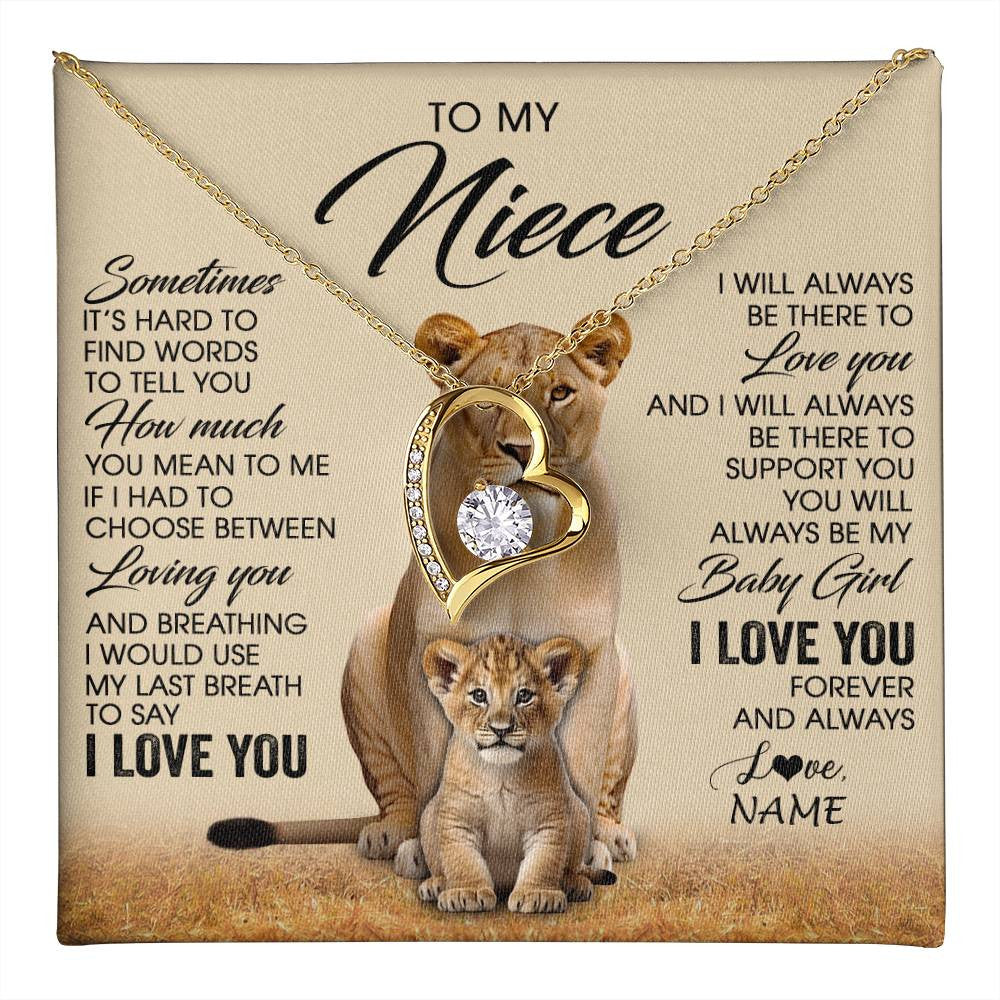 Forever Love Necklace 18K Yellow Gold Finish | 1 | Personalized To My Niece Necklace From Aunt Auntie Sometimes It's Hard Lion Niece Gift Birthday Jewelry Graduation Christmas Customized Gift Box Message Card | teecentury