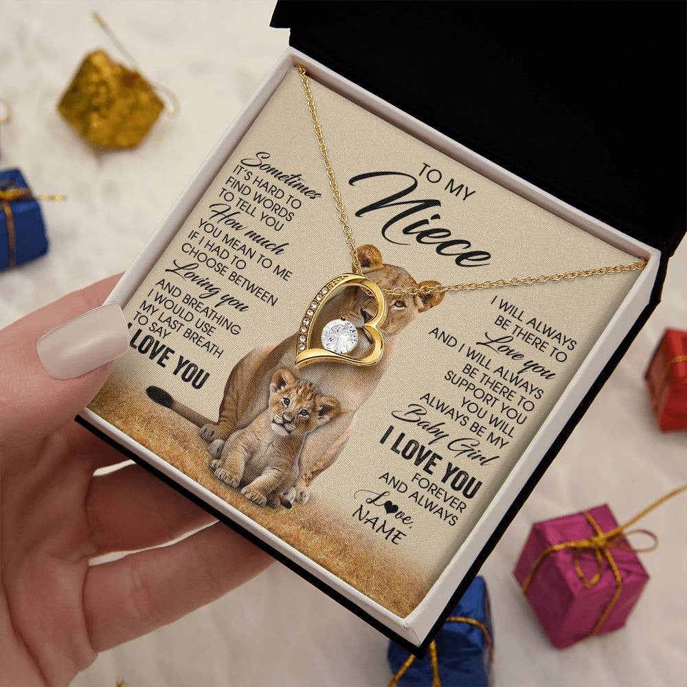 Forever Love Necklace 18K Yellow Gold Finish | 2 | Personalized To My Niece Necklace From Aunt Auntie Sometimes It's Hard Lion Niece Gift Birthday Jewelry Graduation Christmas Customized Gift Box Message Card | teecentury
