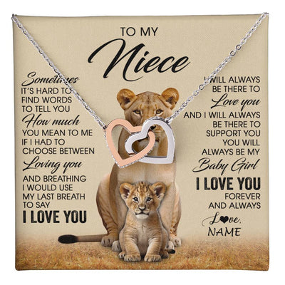 Interlocking Hearts Necklace Stainless Steel & Rose Gold Finish | 1 | Personalized To My Niece Necklace From Aunt Auntie Sometimes It's Hard Lion Niece Gift Birthday Jewelry Graduation Christmas Customized Gift Box Message Card | teecentury