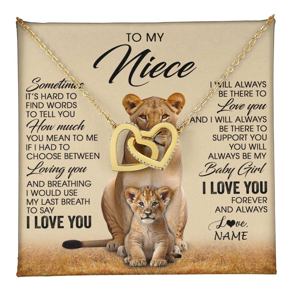 Interlocking Hearts Necklace 18K Yellow Gold Finish | 1 | Personalized To My Niece Necklace From Aunt Auntie Sometimes It's Hard Lion Niece Gift Birthday Jewelry Graduation Christmas Customized Gift Box Message Card | teecentury