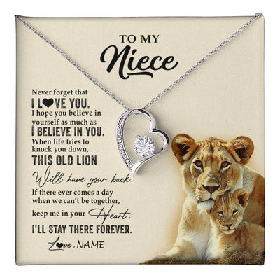 Forever Love Necklace 14K White Gold Finish | 1 | Personalized To My Niece Necklace From Aunt Auntie This Old Lion Never Forget I Love You Niece Jewelry Birthday Christmas Customized Gift Box Message Card | teecentury
