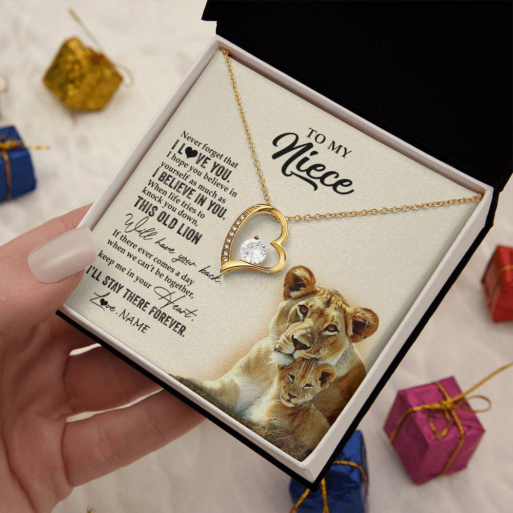 Forever Love Necklace 18K Yellow Gold Finish | 2 | Personalized To My Niece Necklace From Aunt Auntie This Old Lion Never Forget I Love You Niece Jewelry Birthday Christmas Customized Gift Box Message Card | teecentury
