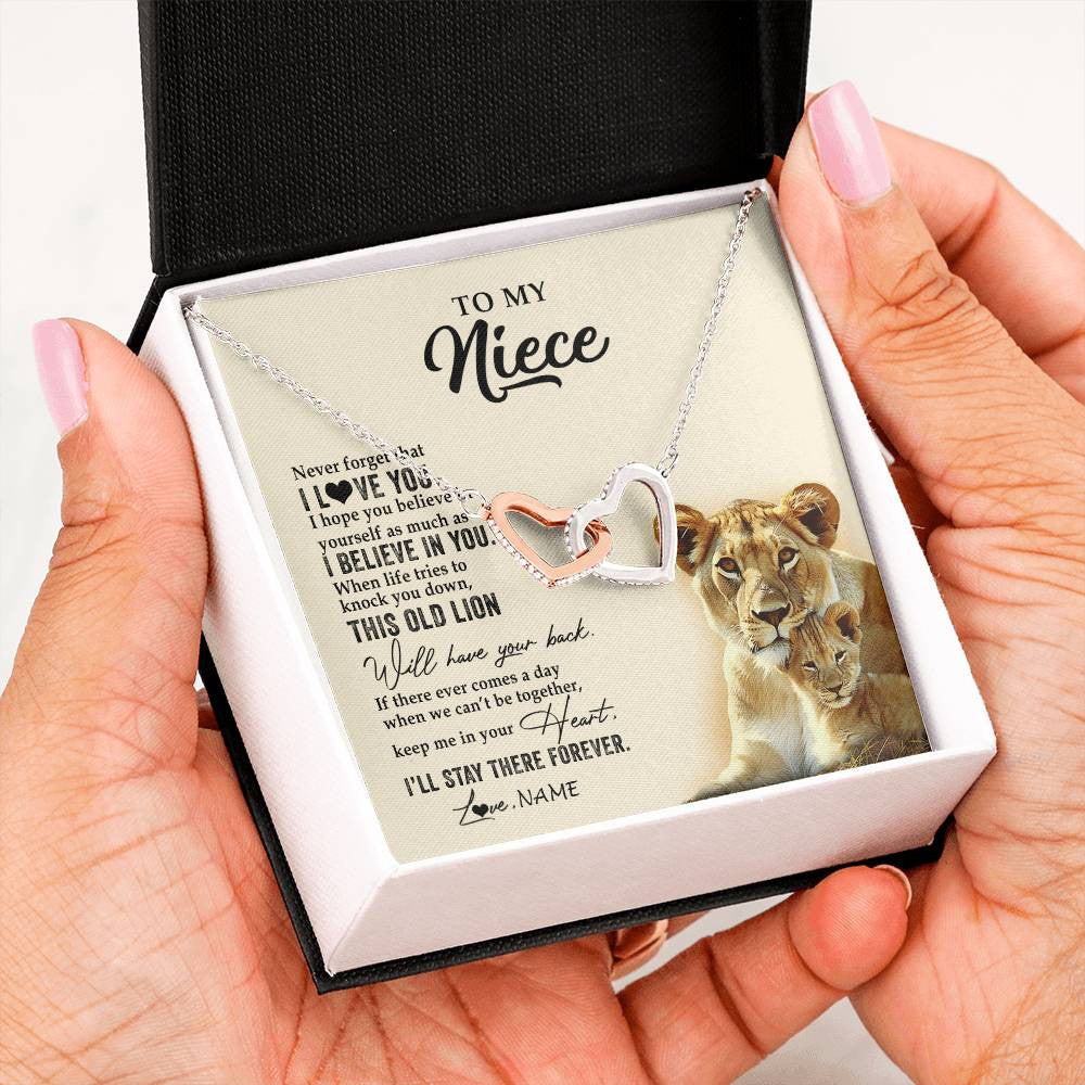 Interlocking Hearts Necklace Stainless Steel & Rose Gold Finish | 2 | Personalized To My Niece Necklace From Aunt Auntie This Old Lion Never Forget I Love You Niece Jewelry Birthday Christmas Customized Gift Box Message Card | teecentury