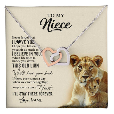 Interlocking Hearts Necklace Stainless Steel & Rose Gold Finish | 1 | Personalized To My Niece Necklace From Aunt Auntie This Old Lion Never Forget I Love You Niece Jewelry Birthday Christmas Customized Gift Box Message Card | teecentury