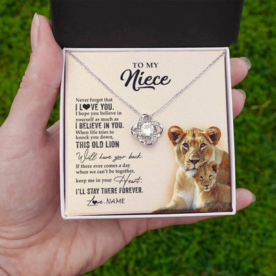 Love Knot Necklace 14K White Gold Finish | 2 | Personalized To My Niece Necklace From Aunt Auntie This Old Lion Never Forget I Love You Niece Jewelry Birthday Christmas Customized Gift Box Message Card | teecentury