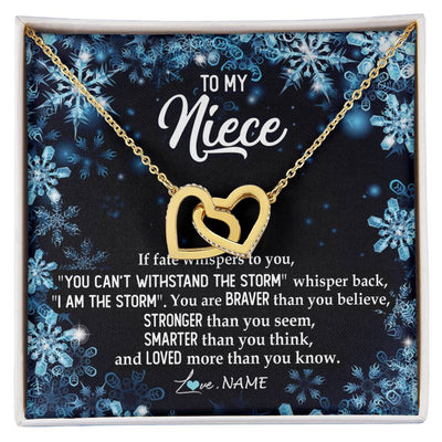 Interlocking Hearts Necklace 18K Yellow Gold Finish | Personalized To My Niece Necklace From Aunt Auntie Uncle Auntie Whisper Back I Am The Storm Niece Pendant Jewelry Birthday Christmas Customized Message Card | teecentury