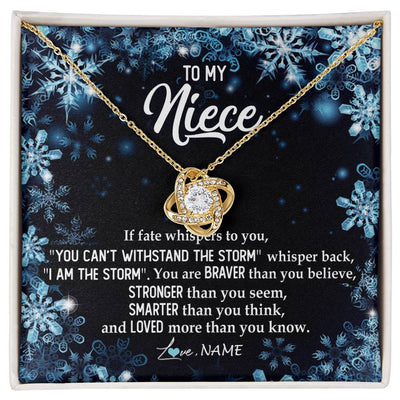 Love Knot Necklace 18K Yellow Gold Finish | Personalized To My Niece Necklace From Aunt Auntie Uncle Auntie Whisper Back I Am The Storm Niece Pendant Jewelry Birthday Christmas Customized Message Card | teecentury