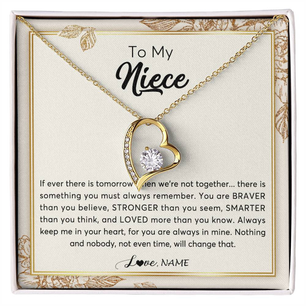 Forever Love Necklace 18K Yellow Gold Finish | Personalized To My Niece Necklace From Aunt Auntie Uncle Braver Stronger Smarter Loved Niece Jewelry Birthday Christmas Customized Gift Box Message Card | teecentury