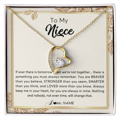 Forever Love Necklace 18K Yellow Gold Finish | Personalized To My Niece Necklace From Aunt Auntie Uncle Braver Stronger Smarter Loved Niece Jewelry Birthday Christmas Customized Gift Box Message Card | teecentury