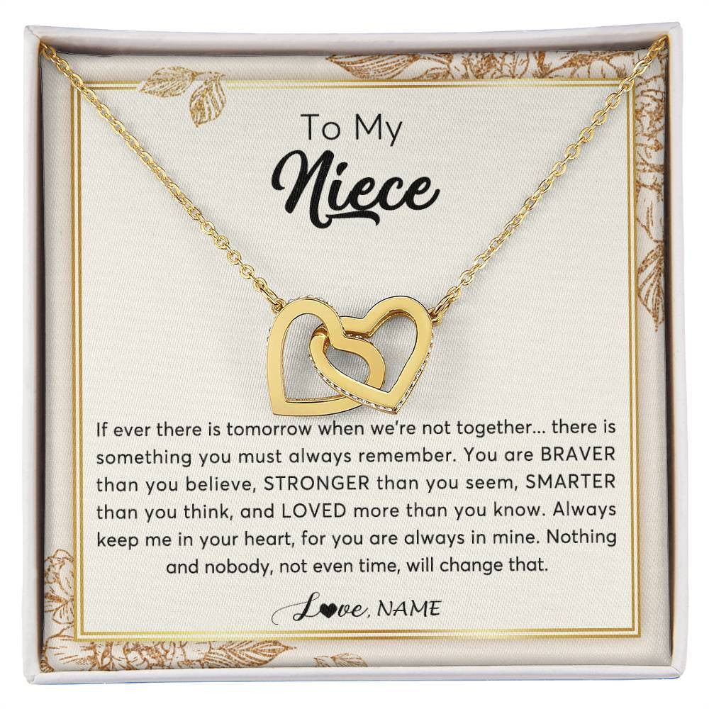 Interlocking Hearts Necklace 18K Yellow Gold Finish | Personalized To My Niece Necklace From Aunt Auntie Uncle Braver Stronger Smarter Loved Niece Jewelry Birthday Christmas Customized Gift Box Message Card | teecentury