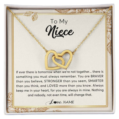 Interlocking Hearts Necklace 18K Yellow Gold Finish | Personalized To My Niece Necklace From Aunt Auntie Uncle Braver Stronger Smarter Loved Niece Jewelry Birthday Christmas Customized Gift Box Message Card | teecentury