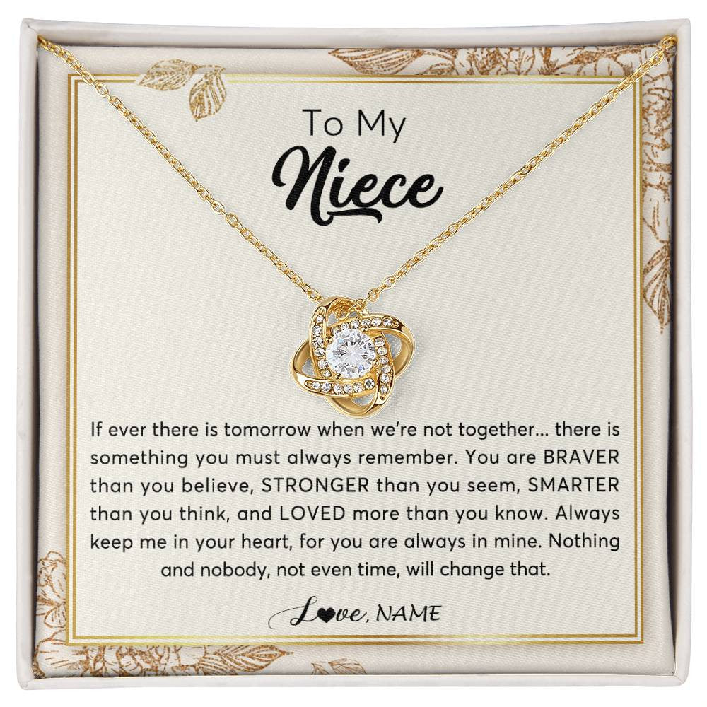 Love Knot Necklace 18K Yellow Gold Finish | Personalized To My Niece Necklace From Aunt Auntie Uncle Braver Stronger Smarter Loved Niece Jewelry Birthday Christmas Customized Gift Box Message Card | teecentury