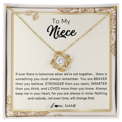 Love Knot Necklace 18K Yellow Gold Finish | Personalized To My Niece Necklace From Aunt Auntie Uncle Braver Stronger Smarter Loved Niece Jewelry Birthday Christmas Customized Gift Box Message Card | teecentury