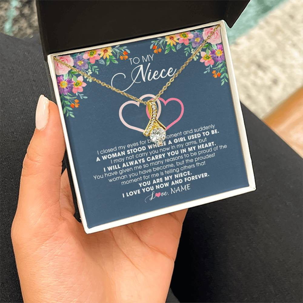 Alluring Beauty Necklace 18K Yellow Gold Finish | Personalized To My Niece Necklace From Aunt Auntie Uncle I Love You Now And Forever Jewelry For Niece Birthday Graduation Christmas Customized Message Card | teecentury