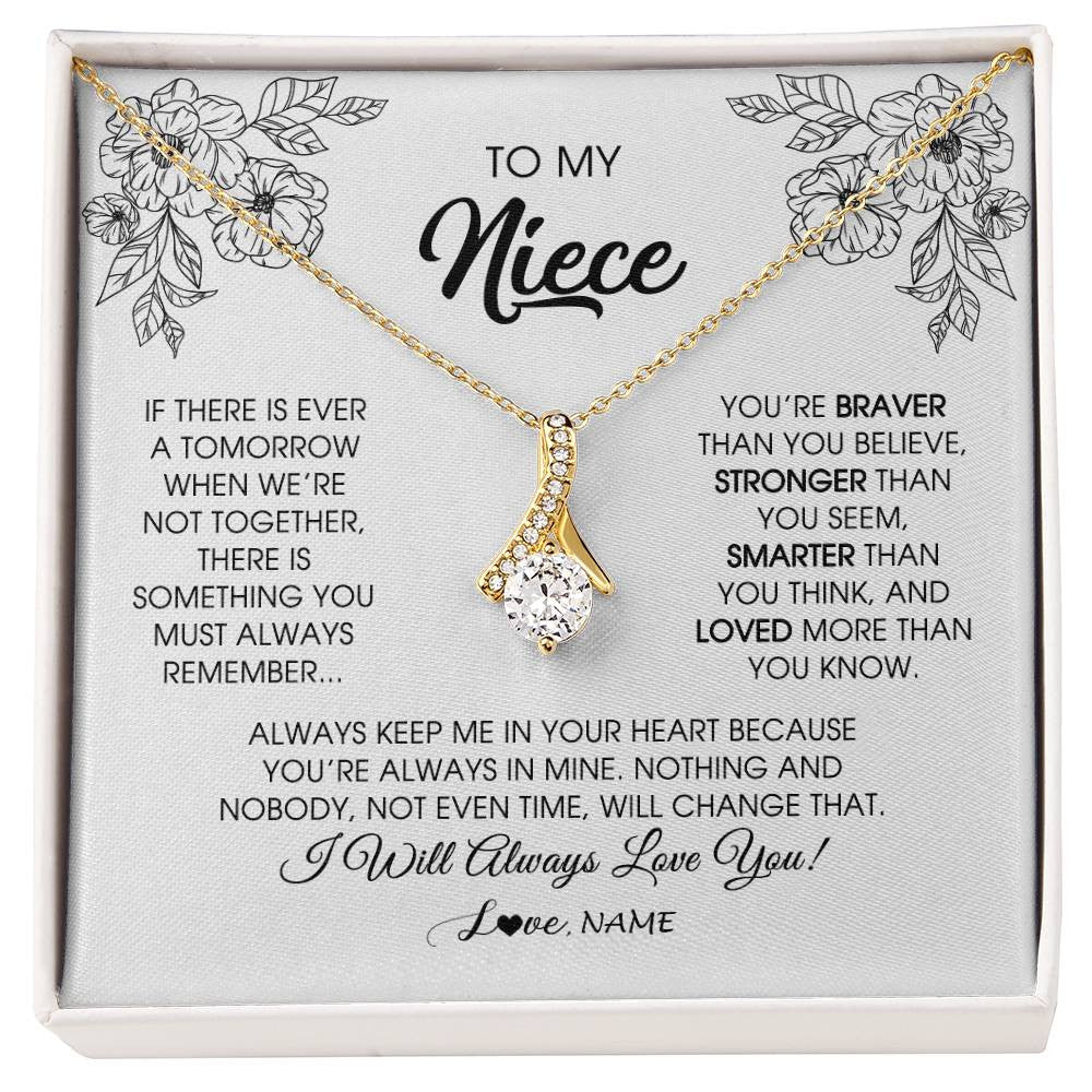 Alluring Beauty Necklace 18K Yellow Gold Finish | Personalized To My Niece Necklace From Aunt Auntie Uncle You're Braver Stronger Smarter Niece Birthday Christmas Customized Jewelry Gift Box Message Card | teecentury