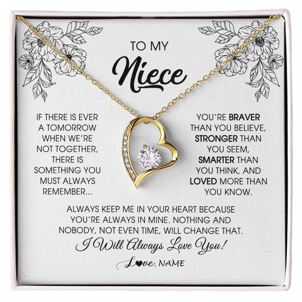 Forever Love Necklace 18K Yellow Gold Finish | Personalized To My Niece Necklace From Aunt Auntie Uncle You're Braver Stronger Smarter Niece Birthday Christmas Customized Jewelry Gift Box Message Card | teecentury