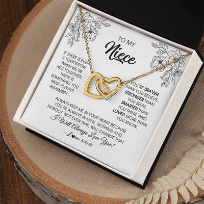 Interlocking Hearts Necklace 18K Yellow Gold Finish | Personalized To My Niece Necklace From Aunt Auntie Uncle You're Braver Stronger Smarter Niece Birthday Christmas Customized Jewelry Gift Box Message Card | teecentury