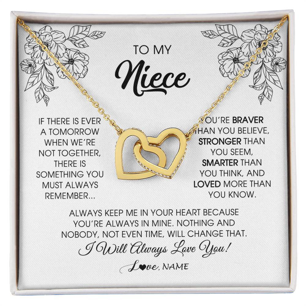 Interlocking Hearts Necklace 18K Yellow Gold Finish | Personalized To My Niece Necklace From Aunt Auntie Uncle You're Braver Stronger Smarter Niece Birthday Christmas Customized Jewelry Gift Box Message Card | teecentury