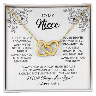 Interlocking Hearts Necklace 18K Yellow Gold Finish | Personalized To My Niece Necklace From Aunt Auntie Uncle You're Braver Stronger Smarter Niece Birthday Christmas Customized Jewelry Gift Box Message Card | teecentury