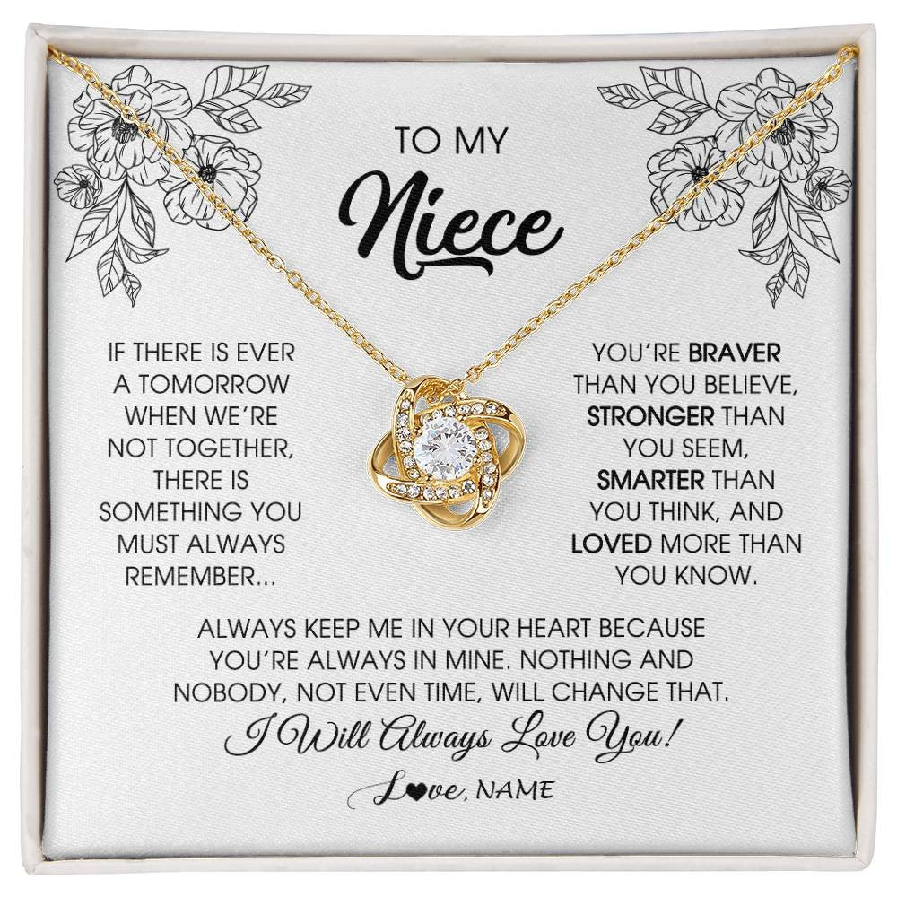 Love Knot Necklace 18K Yellow Gold Finish | Personalized To My Niece Necklace From Aunt Auntie Uncle You're Braver Stronger Smarter Niece Birthday Christmas Customized Jewelry Gift Box Message Card | teecentury