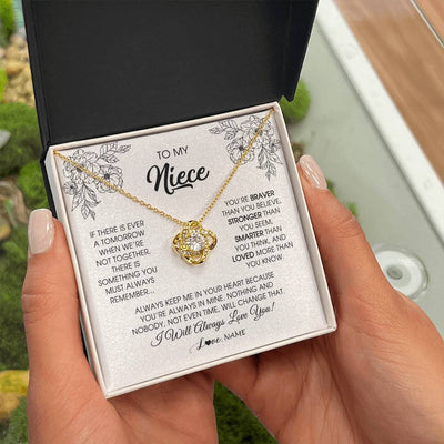 Love Knot Necklace 18K Yellow Gold Finish | Personalized To My Niece Necklace From Aunt Auntie Uncle You're Braver Stronger Smarter Niece Birthday Christmas Customized Jewelry Gift Box Message Card | teecentury