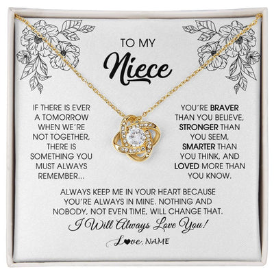 Love Knot Necklace 18K Yellow Gold Finish | Personalized To My Niece Necklace From Aunt Auntie Uncle You're Braver Stronger Smarter Niece Birthday Christmas Customized Jewelry Gift Box Message Card | teecentury