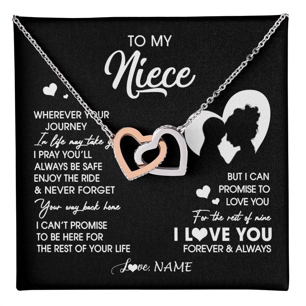 Interlocking Hearts Necklace Stainless Steel & Rose Gold Finish | 1 | Personalized To My Niece Necklace From Aunt Auntie Wherever Your Journey Niece Birthday Gifts Jewelry Graduation Christmas Customized Gift Box Message Card | teecentury