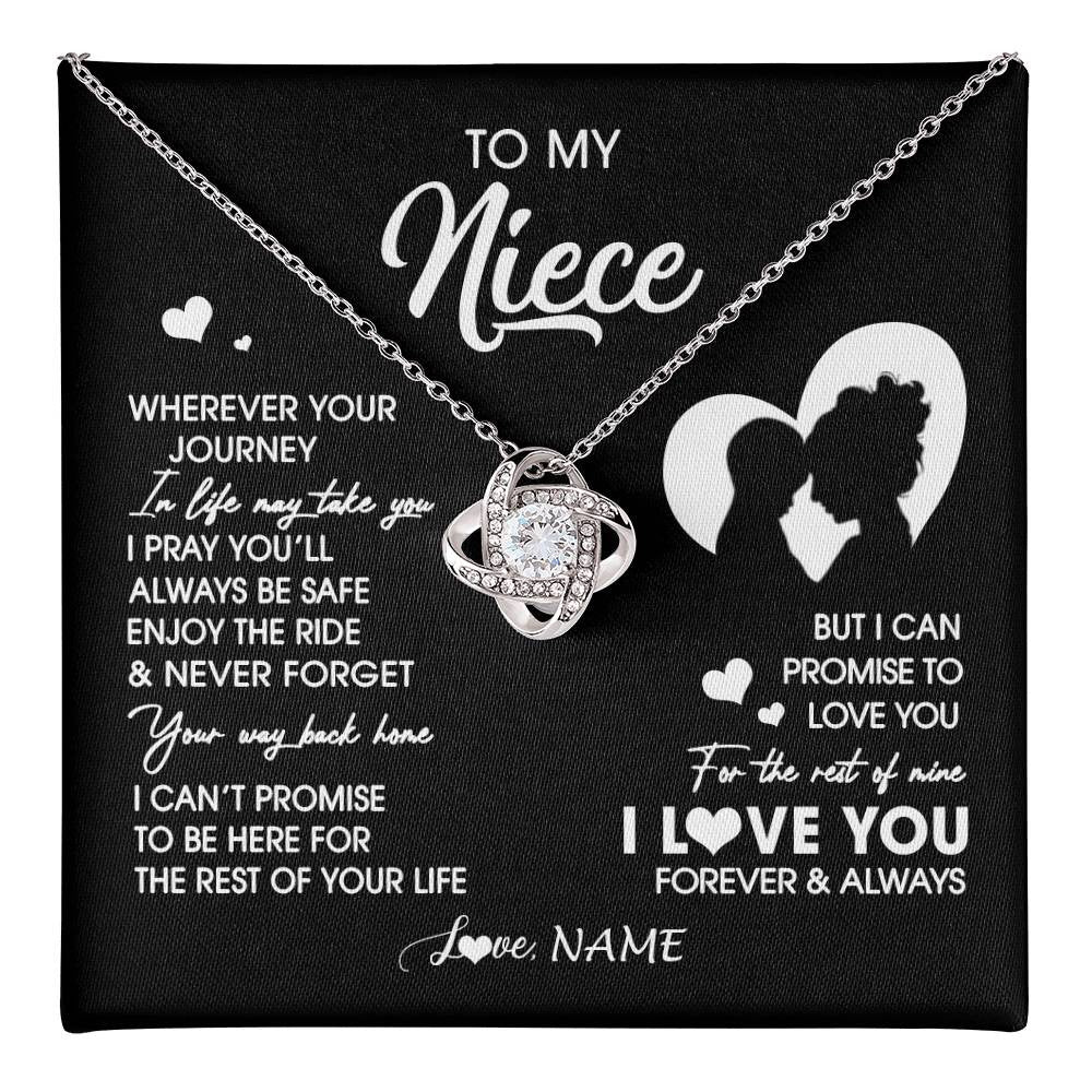 Love Knot Necklace 14K White Gold Finish | 1 | Personalized To My Niece Necklace From Aunt Auntie Wherever Your Journey Niece Birthday Gifts Jewelry Graduation Christmas Customized Gift Box Message Card | teecentury