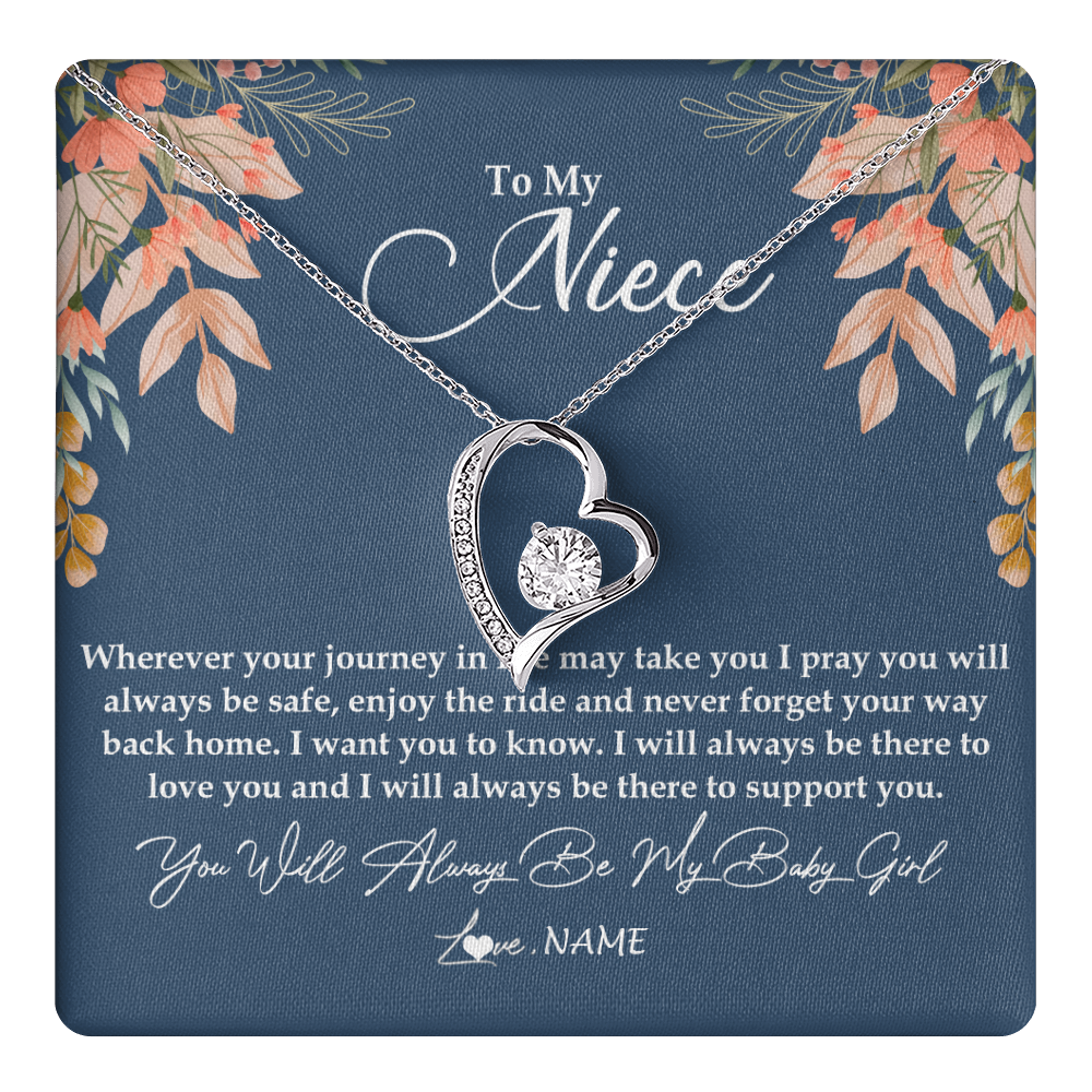 Forever Love Necklace 14K White Gold Finish | 1 | Personalized To My Niece Necklace From Aunt Auntie You Will Always Be My Baby Niece Jewelry Birthday Graduation Christmas Customized Gift Box Message Card | teecentury