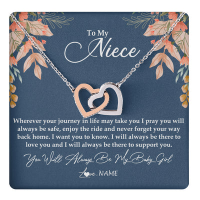 Interlocking Hearts Necklace Stainless Steel & Rose Gold Finish | 1 | Personalized To My Niece Necklace From Aunt Auntie You Will Always Be My Baby Niece Jewelry Birthday Graduation Christmas Customized Gift Box Message Card | teecentury