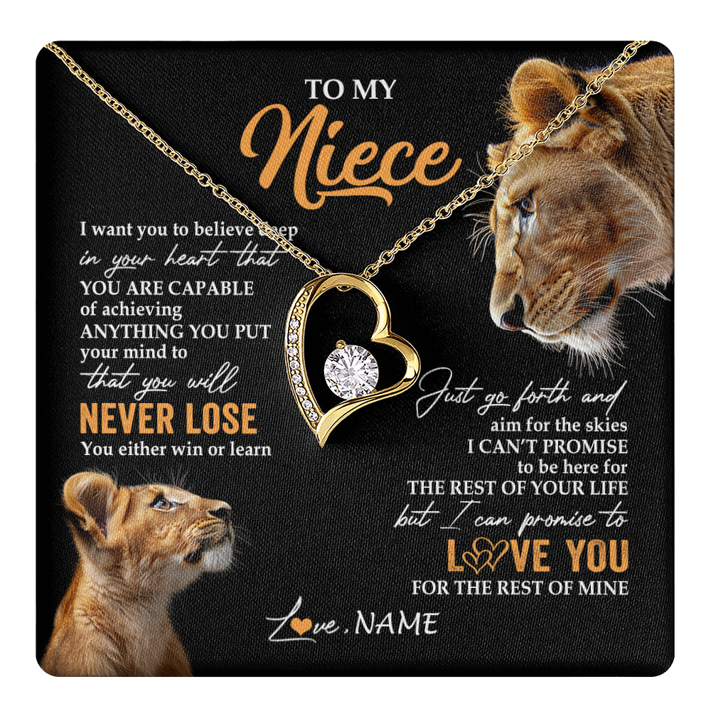 Forever Love Necklace 18K Yellow Gold Finish | 1 | Personalized To My Niece Necklace From Aunt Auntie You Will Never Lose Lion Niece Birthday Gifts Graduation Christmas Customized Gift Box Message Card | teecentury