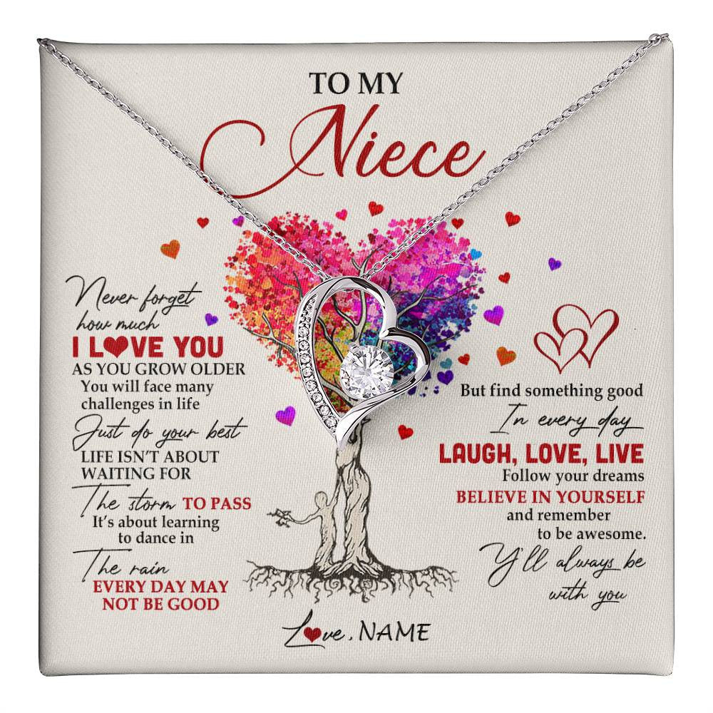 Forever Love Necklace 14K White Gold Finish | 1 | Personalized To My Niece Necklace From Aunt Aunty Colorful Tree Never Forget I Love You Niece Birthday Graduation Christmas Customized Gift Box Message Card | teecentury