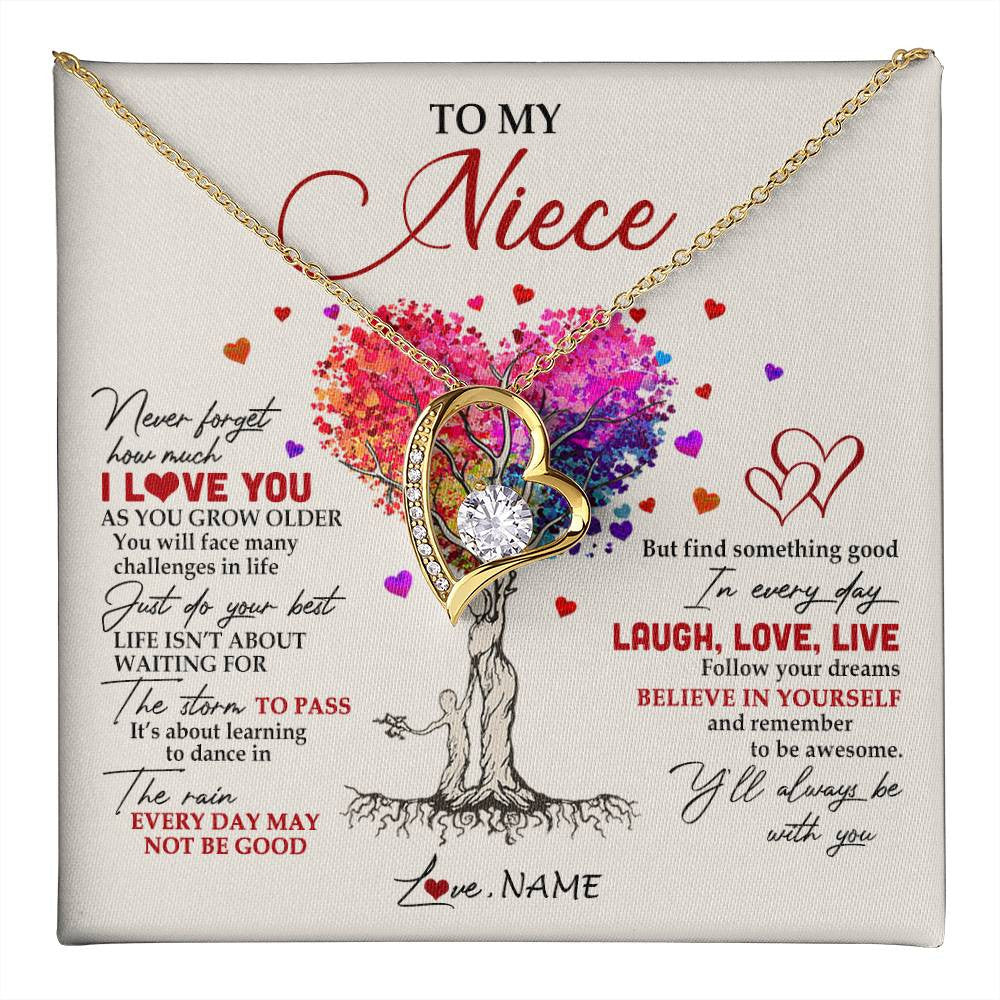 Forever Love Necklace 18K Yellow Gold Finish | 1 | Personalized To My Niece Necklace From Aunt Aunty Colorful Tree Never Forget I Love You Niece Birthday Graduation Christmas Customized Gift Box Message Card | teecentury
