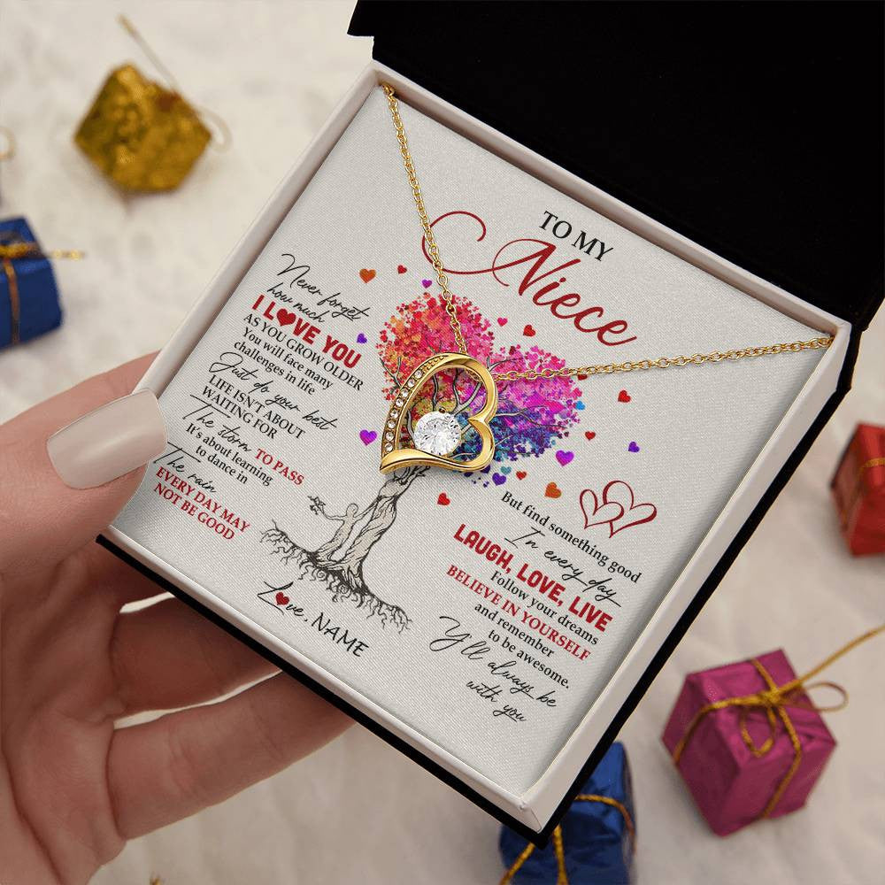 Forever Love Necklace 18K Yellow Gold Finish | 2 | Personalized To My Niece Necklace From Aunt Aunty Colorful Tree Never Forget I Love You Niece Birthday Graduation Christmas Customized Gift Box Message Card | teecentury