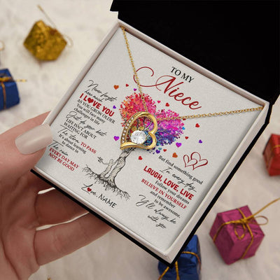 Forever Love Necklace 18K Yellow Gold Finish | 2 | Personalized To My Niece Necklace From Aunt Aunty Colorful Tree Never Forget I Love You Niece Birthday Graduation Christmas Customized Gift Box Message Card | teecentury