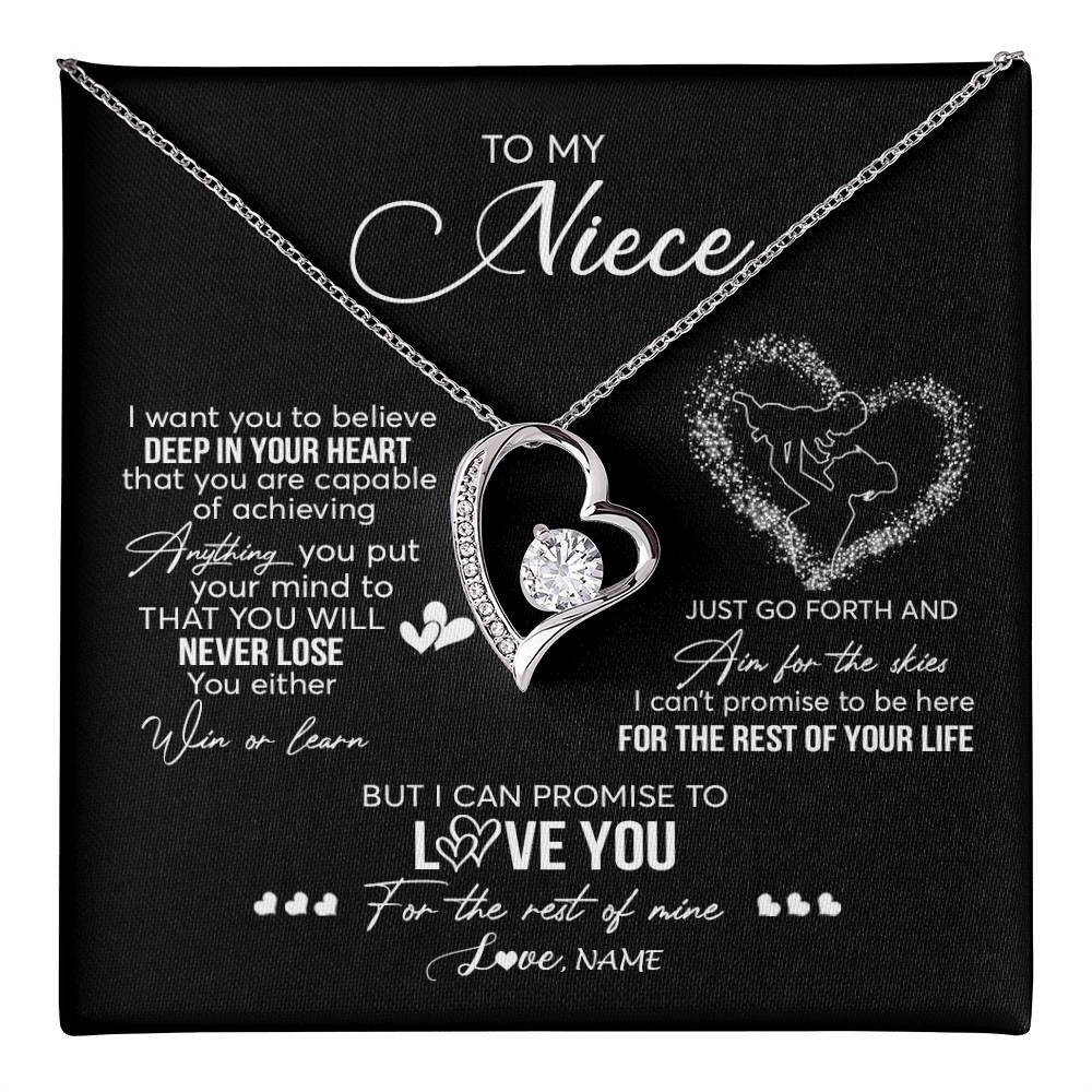 Forever Love Necklace 14K White Gold Finish | 1 | Personalized To My Niece Necklace From Aunt Aunty Promise To Love You Niece Birthday Graduation Christmas Pendant Customized Gift Box Message Card | teecentury