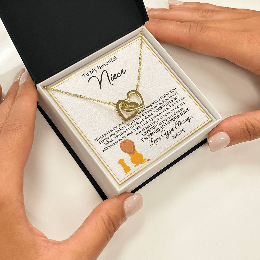 Interlocking Hearts Necklace 18K Yellow Gold Finish | 2 | Personalized To My Niece Necklace From Aunt I'M Proud To Be Your Aunt Lion Niece Birthday Graduation Christmas Customized Gift Box Message Card | teecentury