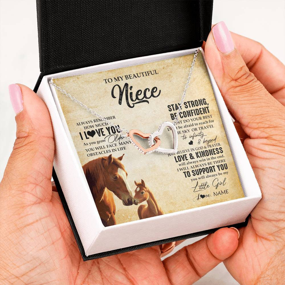 Interlocking Hearts Necklace Stainless Steel & Rose Gold Finish | 2 | Personalized To My Niece Necklace From Aunt Uncle Always Remember I Love You Horse Niece Birthday Jewelry Graduation Christmas Customized Gift Box Message Card | teecentury