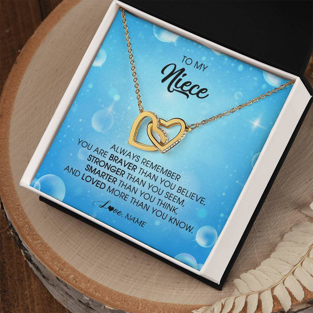Interlocking Hearts Necklace 18K Yellow Gold Finish | Personalized To My Niece Necklace From Aunt Uncle Auntie Always Remember You Are Braver Niece Pendant Jewelry Birthday Christmas Customized Message Card | teecentury