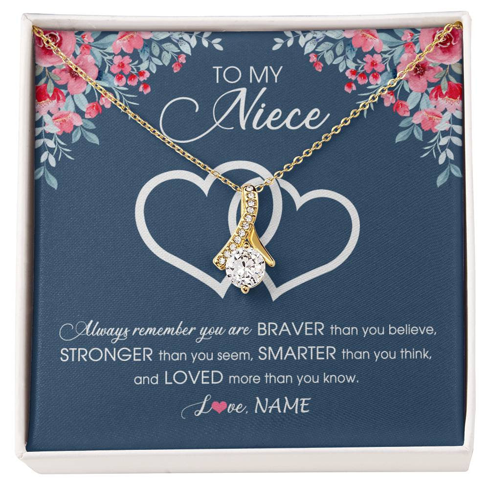 Alluring Beauty Necklace 18K Yellow Gold Finish | Personalized To My Niece Necklace From Aunt Uncle Auntie Braver Stronger Smarter Loved Niece Pendant Jewelry Birthday Christmas Customized Message Card | teecentury