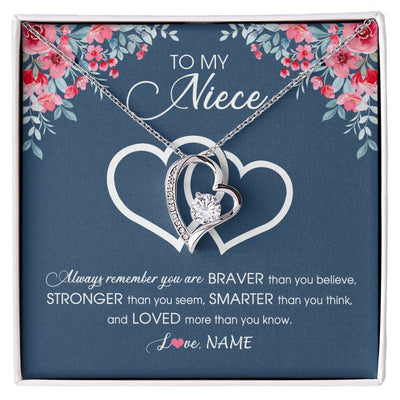 Forever Love Necklace 14K White Gold Finish | Personalized To My Niece Necklace From Aunt Uncle Auntie Braver Stronger Smarter Loved Niece Pendant Jewelry Birthday Christmas Customized Message Card | teecentury