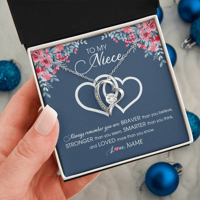 Forever Love Necklace 14K White Gold Finish | Personalized To My Niece Necklace From Aunt Uncle Auntie Braver Stronger Smarter Loved Niece Pendant Jewelry Birthday Christmas Customized Message Card | teecentury