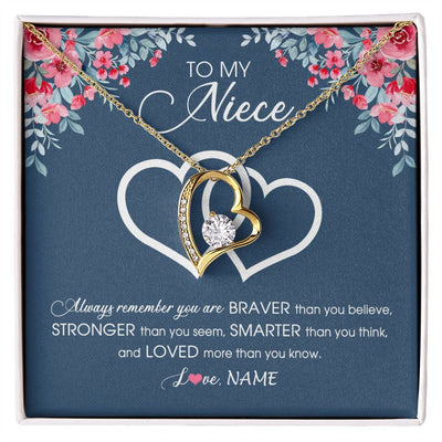 Forever Love Necklace 18K Yellow Gold Finish | Personalized To My Niece Necklace From Aunt Uncle Auntie Braver Stronger Smarter Loved Niece Pendant Jewelry Birthday Christmas Customized Message Card | teecentury