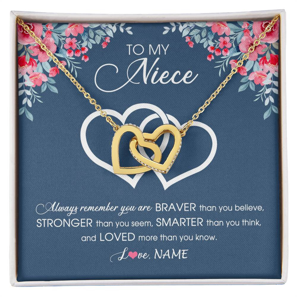 Interlocking Hearts Necklace 18K Yellow Gold Finish | Personalized To My Niece Necklace From Aunt Uncle Auntie Braver Stronger Smarter Loved Niece Pendant Jewelry Birthday Christmas Customized Message Card | teecentury