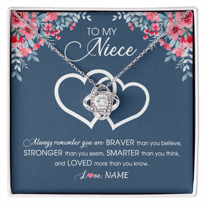 Love Knot Necklace 14K White Gold Finish | Personalized To My Niece Necklace From Aunt Uncle Auntie Braver Stronger Smarter Loved Niece Pendant Jewelry Birthday Christmas Customized Message Card | teecentury